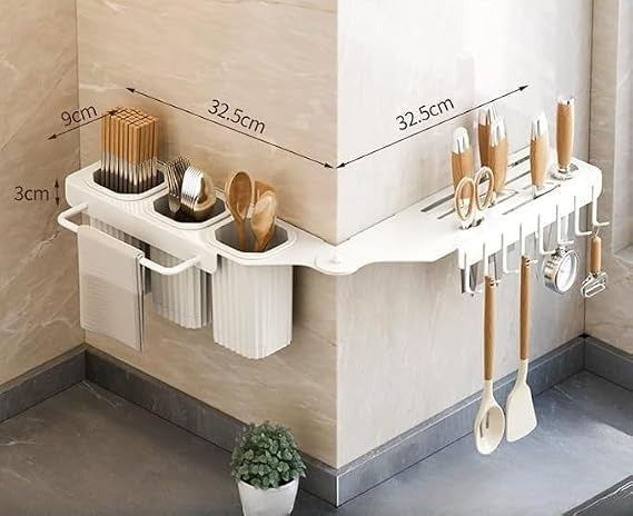 Wall Mounted Kitchen Organizer Rack with Knife Holder & Hanging Hooks