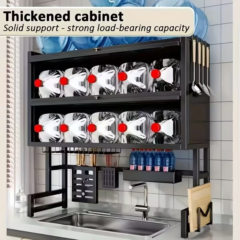3-Tier Kitchen Countertop Storage Shelf & Dish Rack | Dustproof Sink Organizer – Black Metal