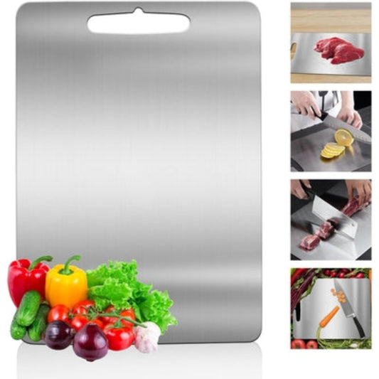 Stainless steel cutting board with images of food preparation on a white background