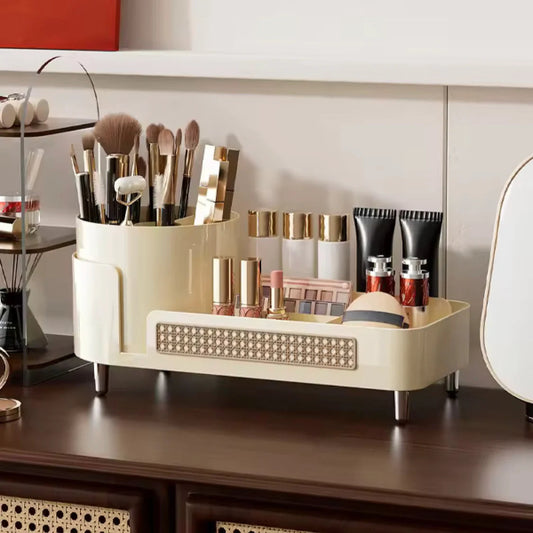 Makeup organizer with brushes and products on a vanity