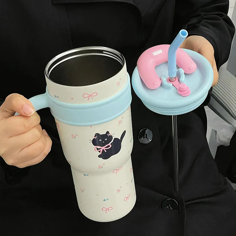 Large Stainless Steel Thermos Cup Water Bottle with Handle & Straw