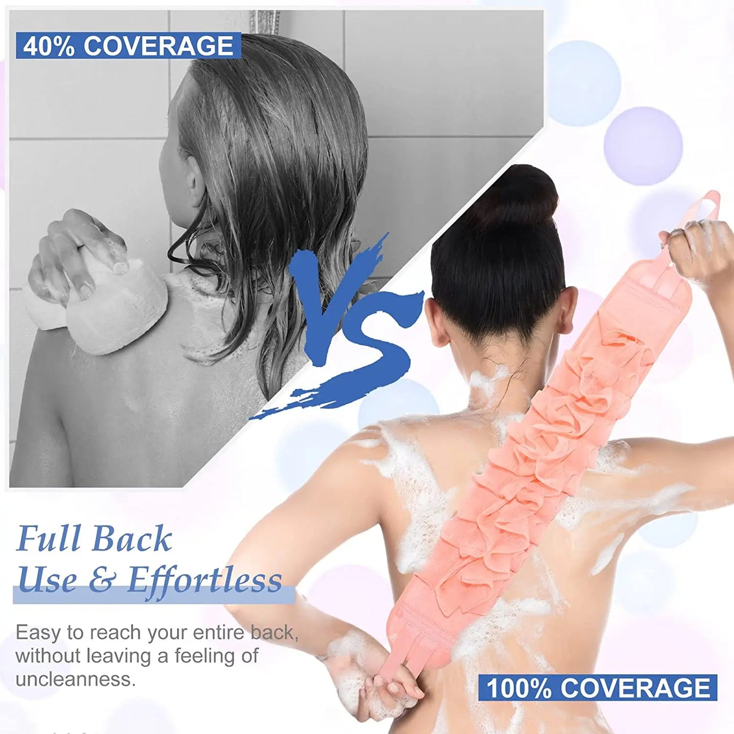 2 in 1 Exfoliating Back Scrubber Belt – Long Handle Shower Body Cleaning Towel