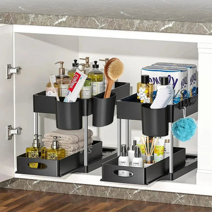 Under Sink Sliding Cabinet Storage Rack with Hooks