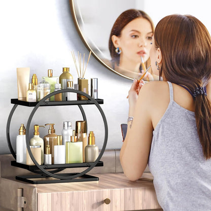 Luxury Black Gold 2 Tier Cosmetic Organizer | Bathroom Vanity Perfume Shelf