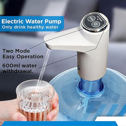 Electric water pump dispensing water into a glass with text highlighting features.
