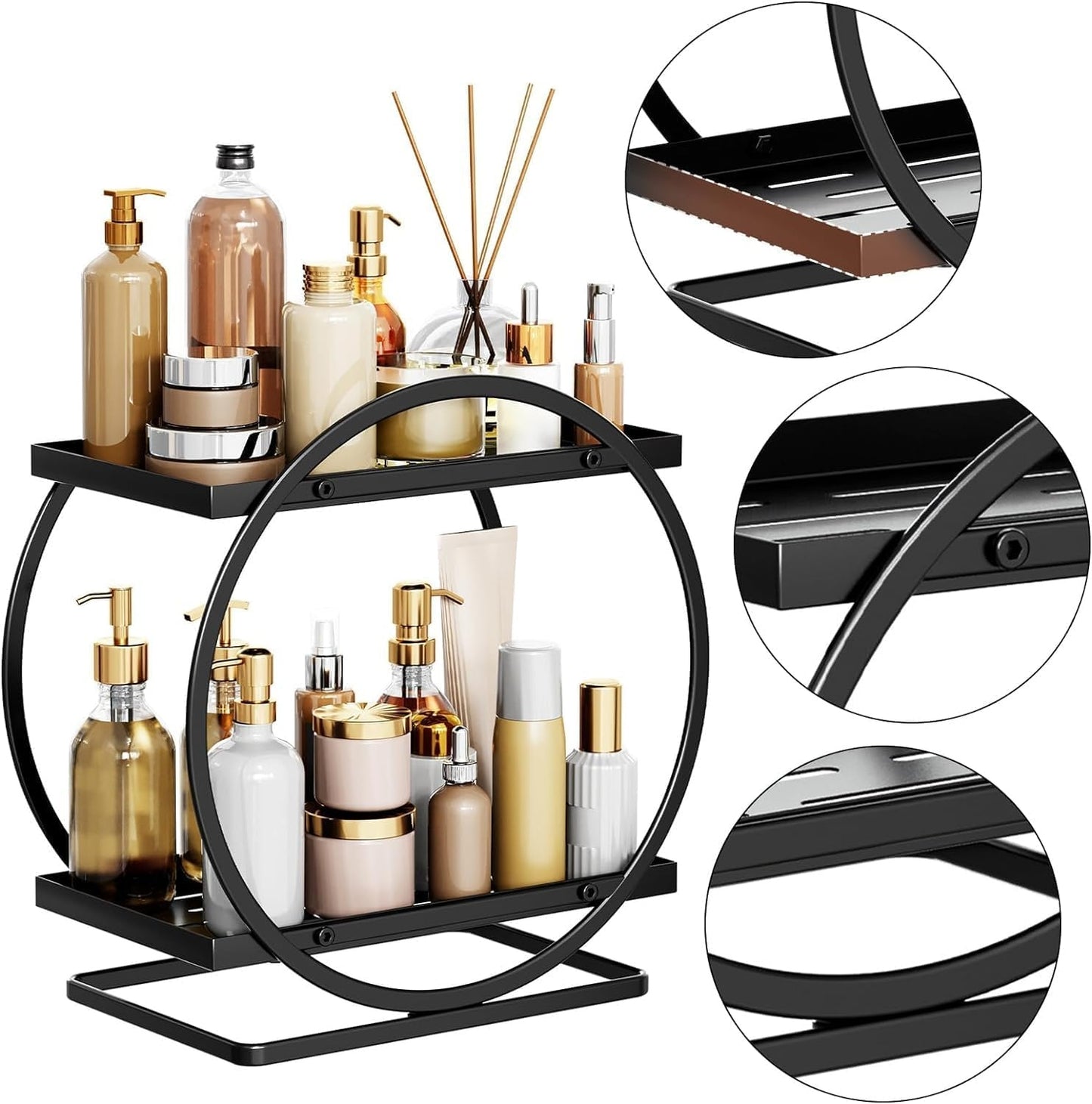 Luxury Black Gold 2 Tier Cosmetic Organizer | Bathroom Vanity Perfume Shelf