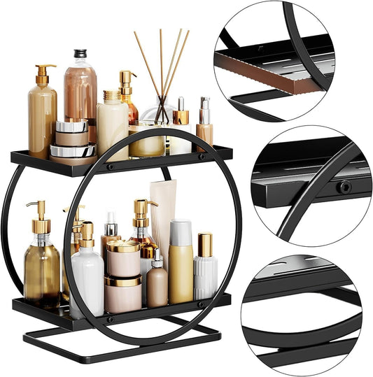 Luxury Black Gold 2 Tier Cosmetic Organizer | Bathroom Vanity Perfume Shelf