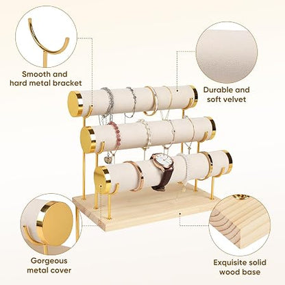 3-Tier Velvet Bracelet & Bangle Display Stand with Wooden Base & Gold Accents