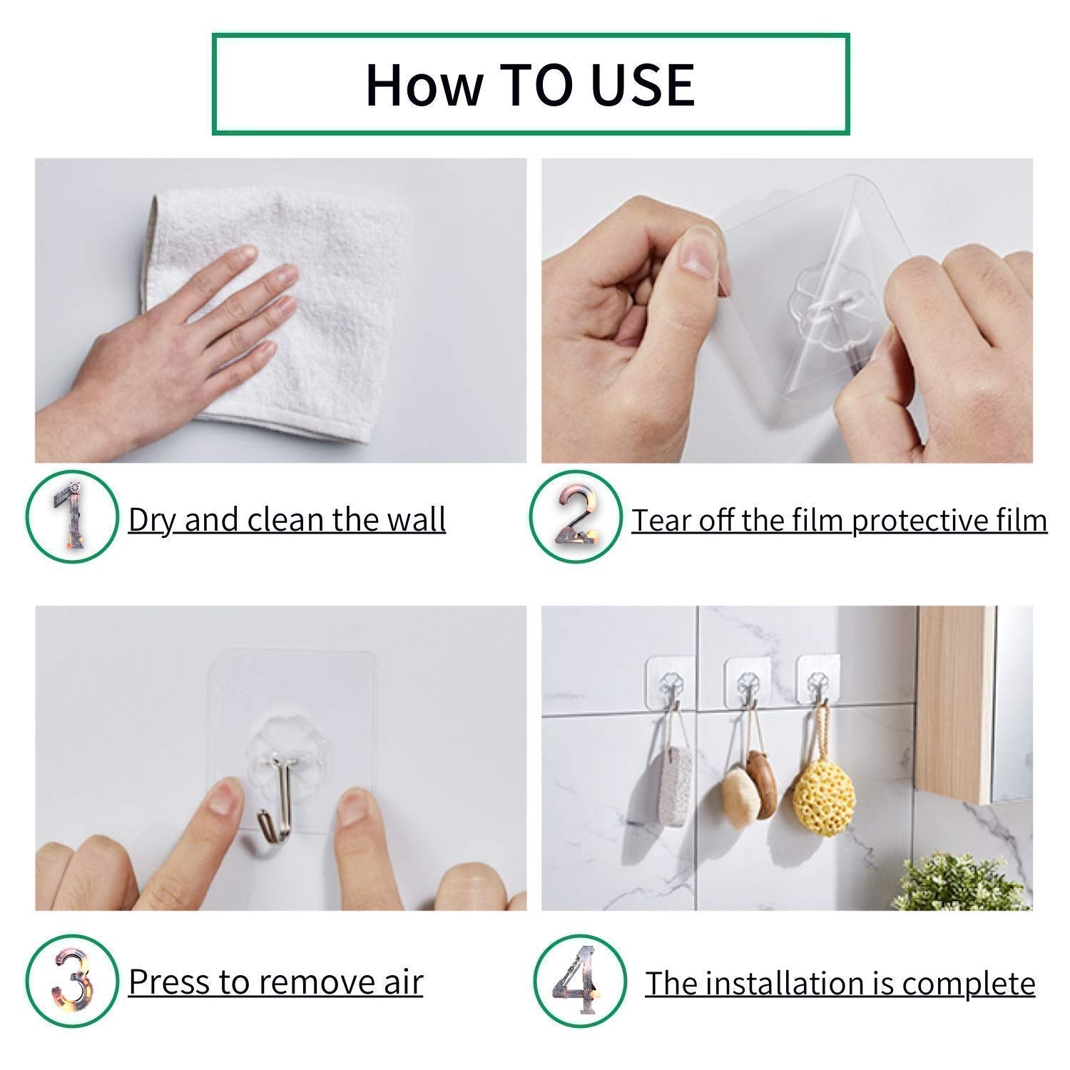 Step-by-step guide on how to use wall hooks with images of hands performing each step.
