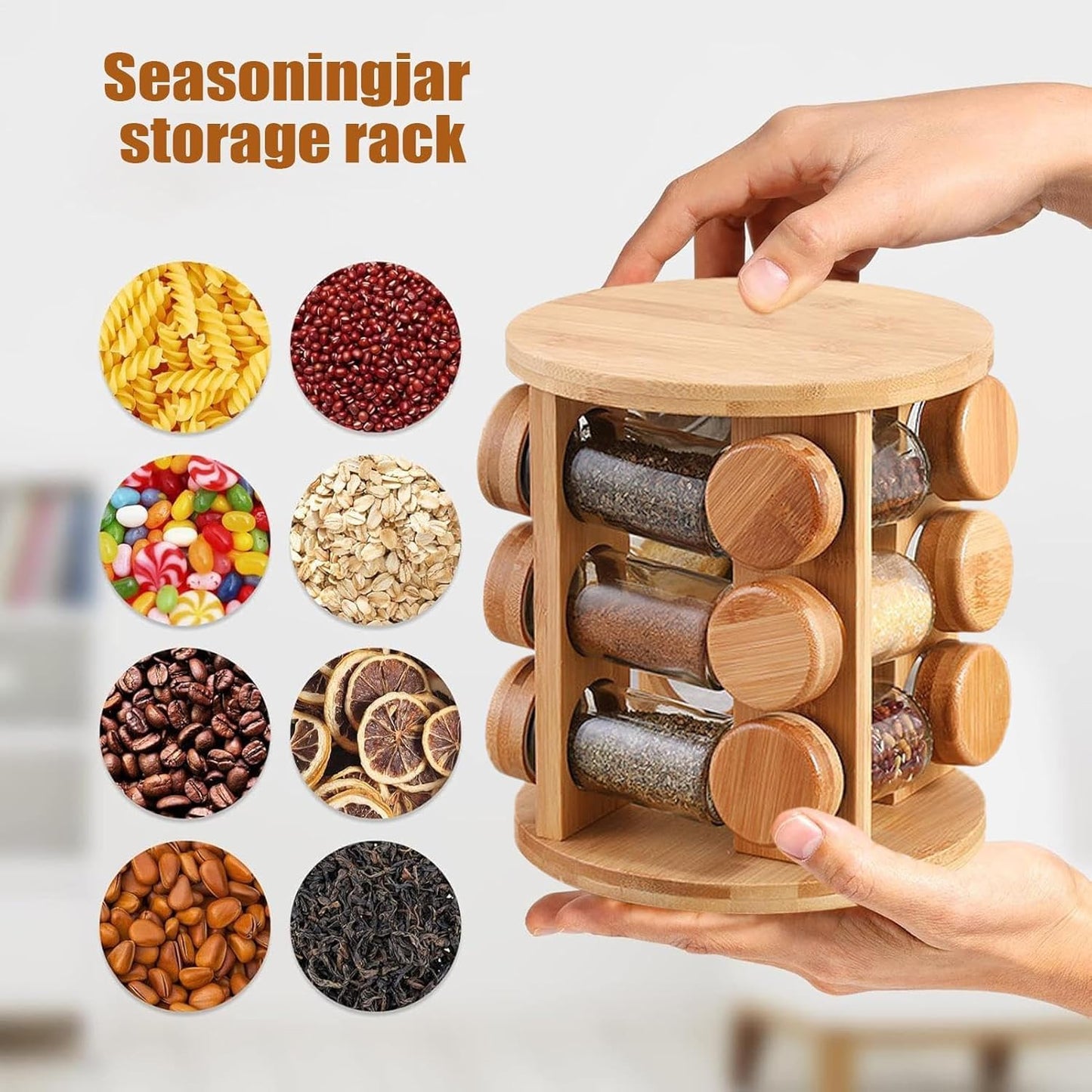 Wooden Spice Jar Organizer with 12 Glass Jars | 360° Rotating Masala Rack for Modular Kitchen