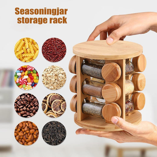 Wooden Spice Jar Organizer with 12 Glass Jars | 360° Rotating Masala Rack for Modular Kitchen