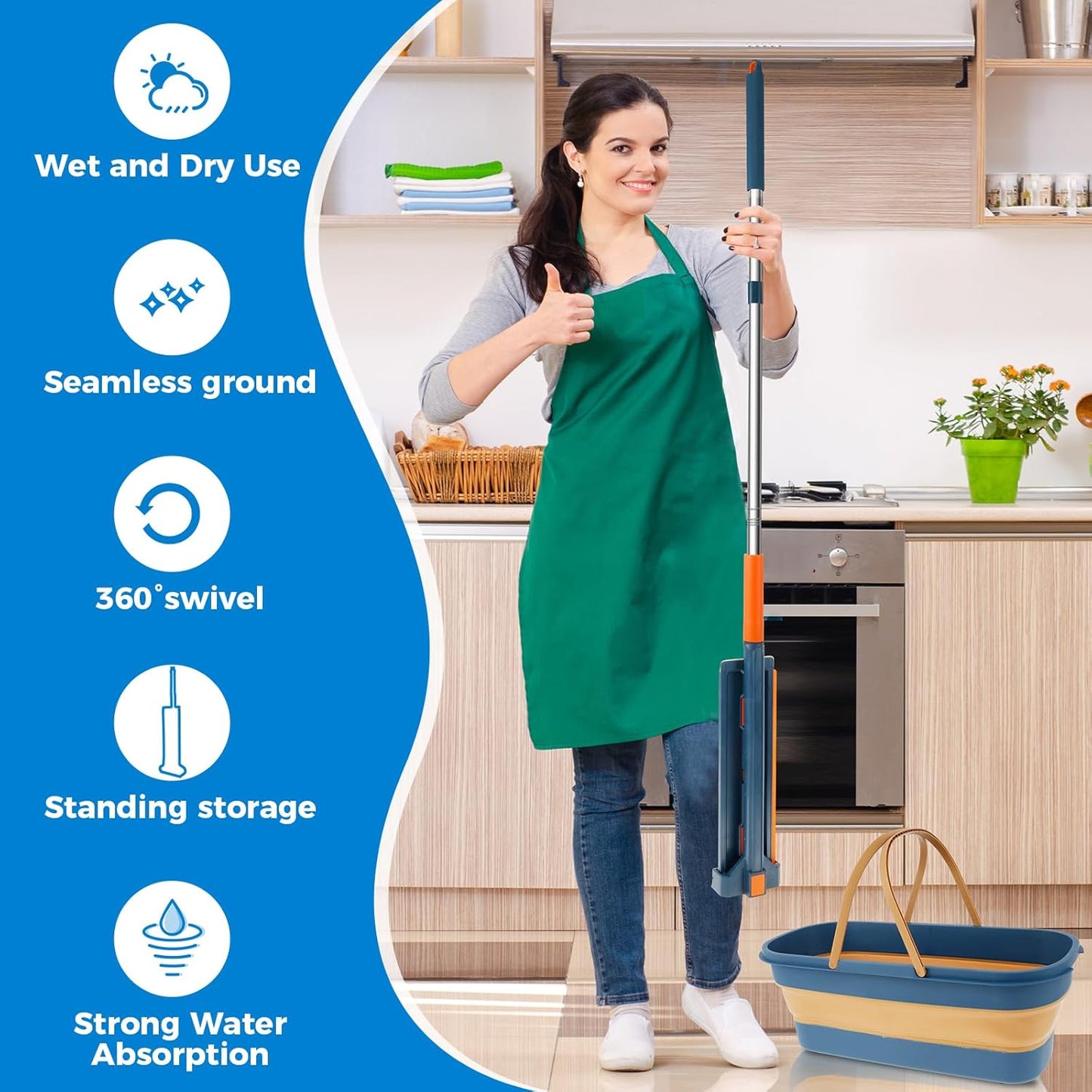 Hands-Free Flat Mop with Folding Bucket | 360° Rotating Microfiber Mop & Collapsible Bucket Cleaning Set
