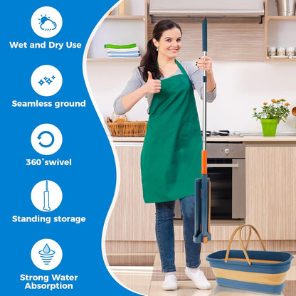 Hands-Free Flat Mop with Folding Bucket | 360° Rotating Microfiber Mop & Collapsible Bucket Cleaning Set