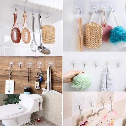 Collage of hooks used in various settings including kitchen, bathroom, and living room.
