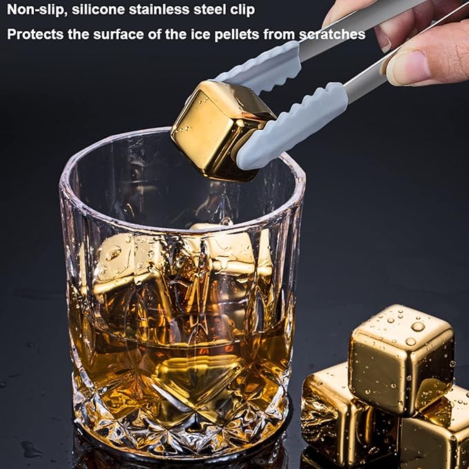6pcs Stainless Steel Ice Cubes Set – Reusable Chilling Stones with Tong