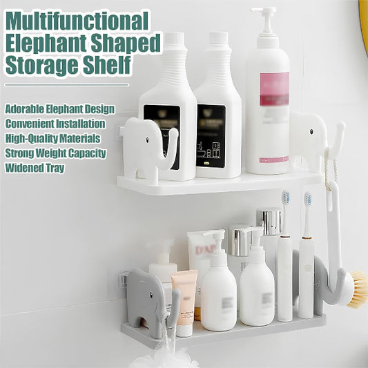 Multifunctional elephant-shaped storage shelf with various bathroom products on a white wall.