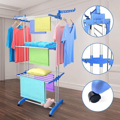 3-Layer Foldable Clothes Drying Rack | Adjustable Stainless Steel Laundry Stand with Side Wings & Wheels