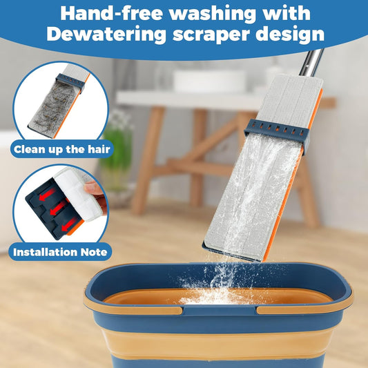 Hands-Free Flat Mop with Folding Bucket | 360° Rotating Microfiber Mop & Collapsible Bucket Cleaning Set