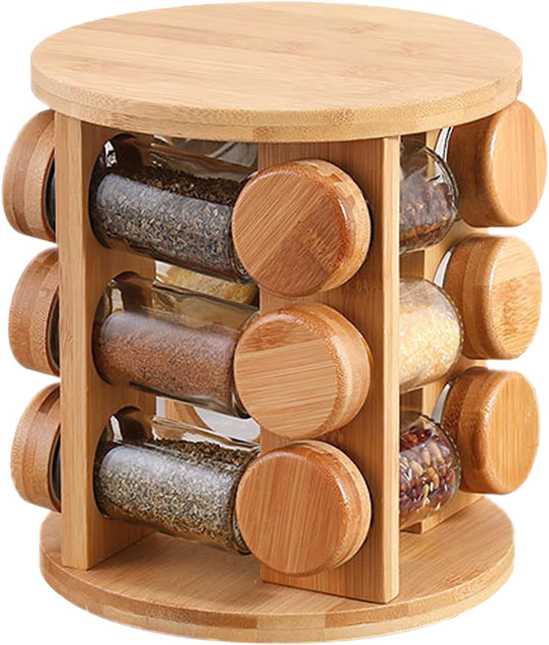Wooden Spice Jar Organizer with 12 Glass Jars | 360° Rotating Masala Rack for Modular Kitchen