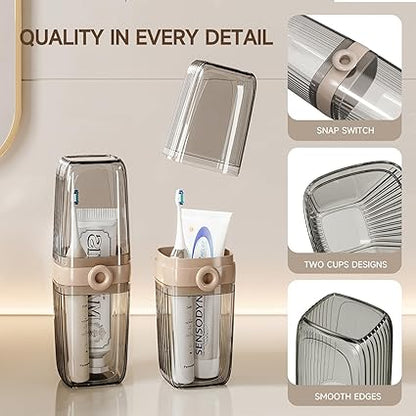 Clear bathroom accessory with beige accents, featuring text highlighting features.