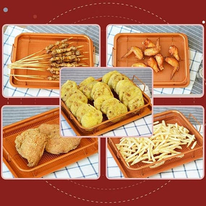 Stainless Steel Roasting Basket with Oil Drain Rack | Double-Eared Mesh Baking Tray Set (2 Pcs) for Air Fryer, Oven & BBQ