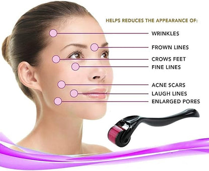 Facial roller device with benefits listed on a woman's face