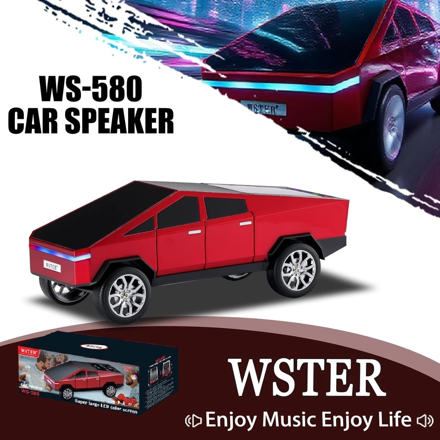 WS-580 Tesla Cyber Truck Bluetooth Pickup Truck Speaker | LED Display, TWS & FM Radio