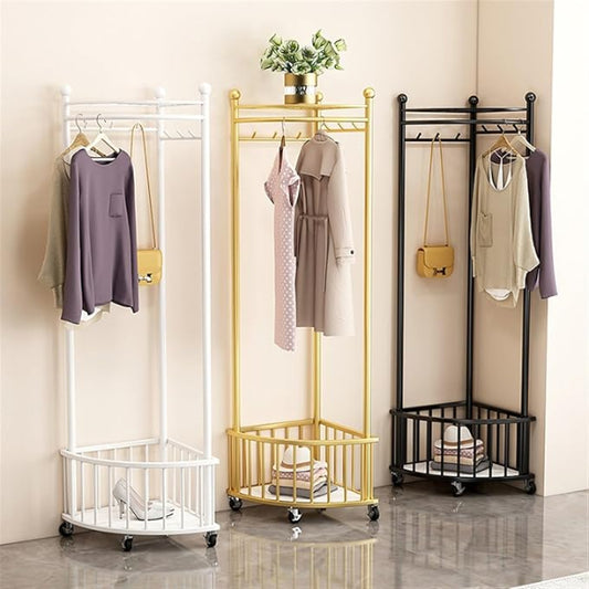 Three different types of coat racks with clothes and bags on a neutral background