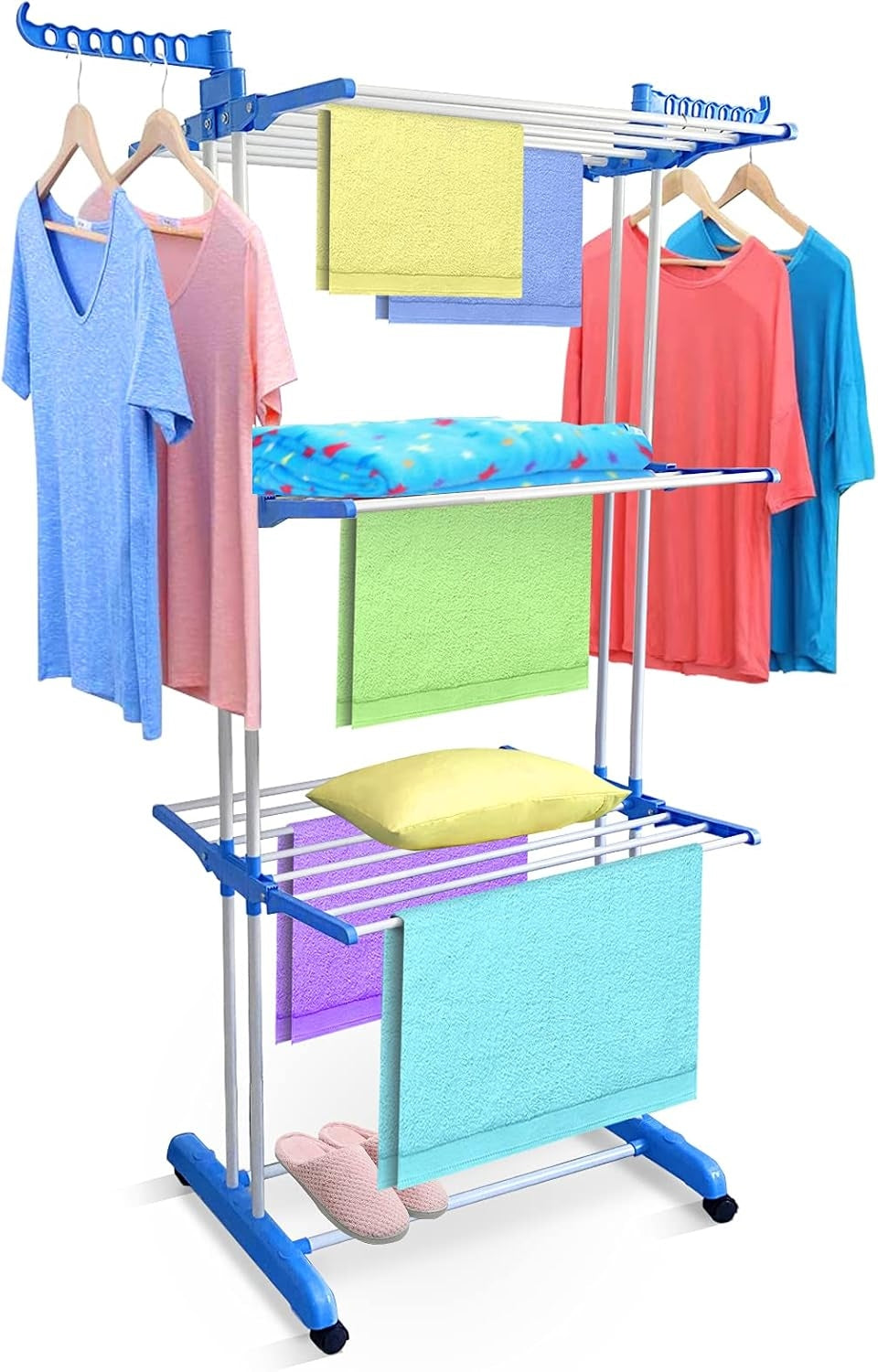 3-Layer Foldable Clothes Drying Rack | Adjustable Stainless Steel Laundry Stand with Side Wings & Wheels