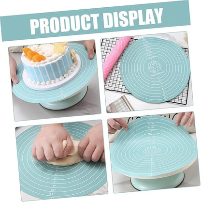 Collage of a blue silicone baking mat with measurements used for cake decorating and pastry work.