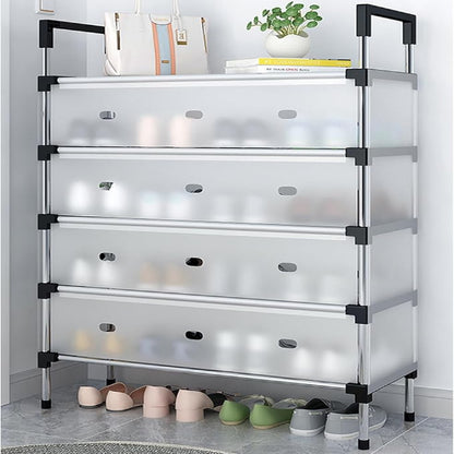 Adjustable metal shoe organizer storage rack with four layers, placed on the floor and holding various shoes in each compartment, with a white cat sitting on top of the rack.