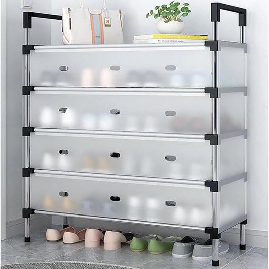 Adjustable metal shoe organizer storage rack with four layers, placed on the floor and holding various shoes in each compartment, with a white cat sitting on top of the rack.