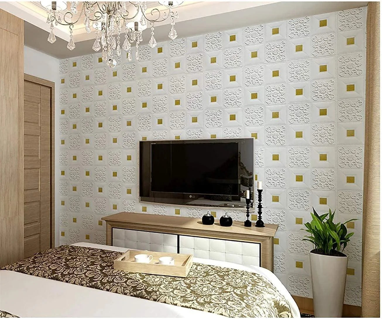 White Brick Wall Sticker with Golden Spots - 70Cm x 77Cm
