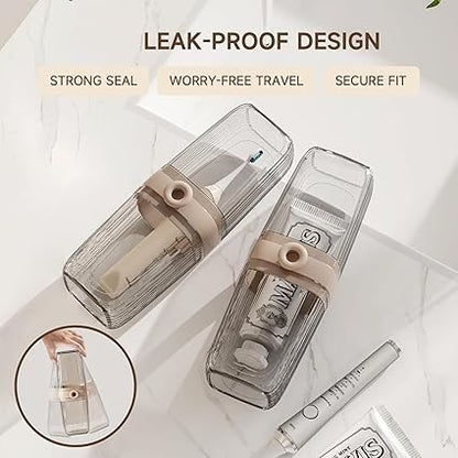 Clear travel container with a beige band, showing leak-proof design features on a light background.