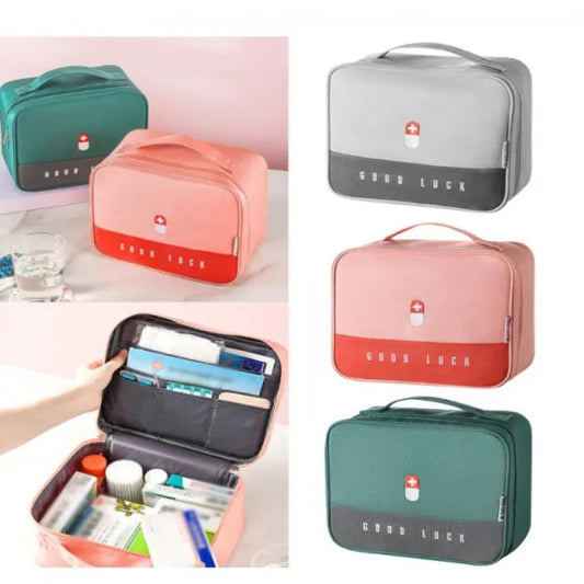 Collection of travel organizers in various colors with visible brand logo.