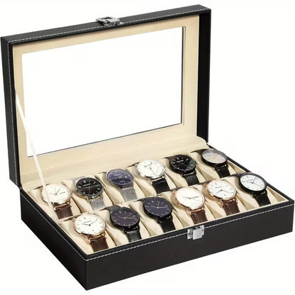 Luxury PU Leather Watch Storage Box with Glass Top | 6 / 10 / 12 Slot Watch Display Case