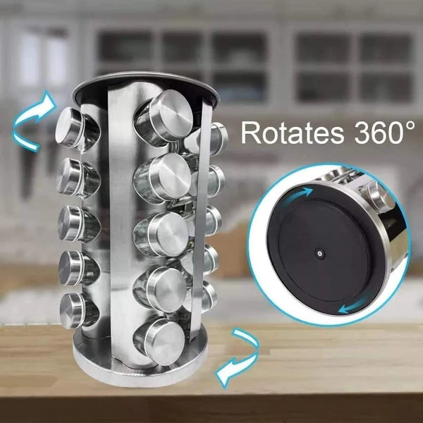 16-Piece Rotating Stainless Steel Spice Rack | 360° Masala Jar Organizer with Glass Jars