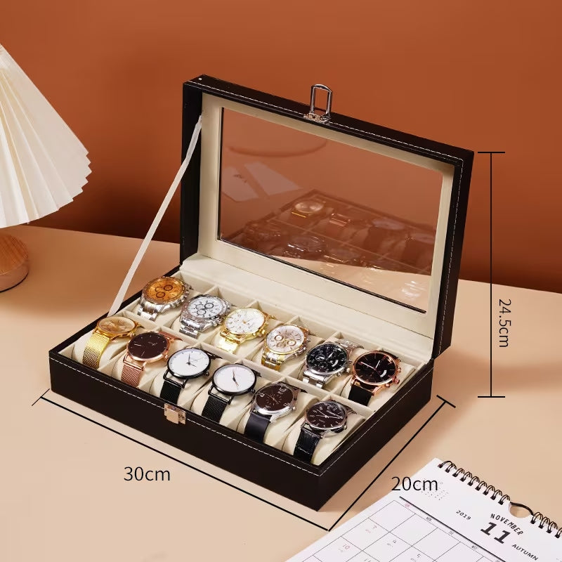 Luxury PU Leather Watch Storage Box with Glass Top | 6 / 10 / 12 Slot Watch Display Case