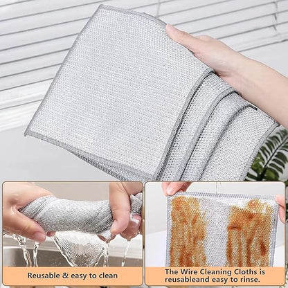 Reusable wire cleaning cloth with text indicating its ease of use and reusability.
