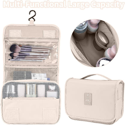 Beige travel makeup organizer with compartments and hanging hook, showing its contents.