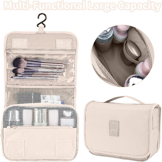 Beige travel makeup organizer with compartments and hanging hook, showing its contents.