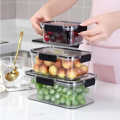 Stackable food storage containers with fruits on a kitchen counter