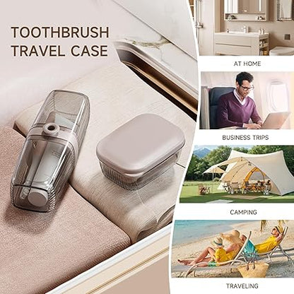 Toothbrush travel case with lifestyle images of use at home, business trips, camping, and traveling.