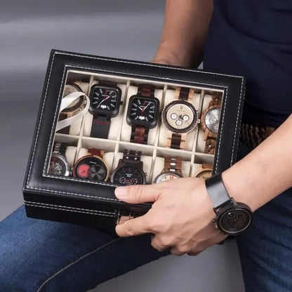 Luxury PU Leather Watch Storage Box with Glass Top | 6 / 10 / 12 Slot Watch Display Case