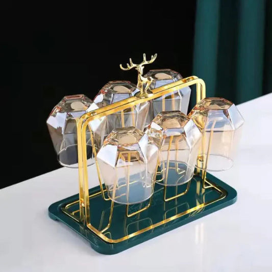 Golden Metal Glass Drying Rack with Drain Tray