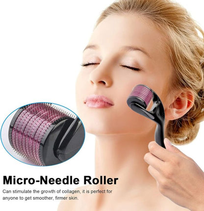 Woman using a micro-needle roller on her face with an inset showing the roller's design.