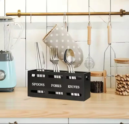 Wooden Cutlery Holder – 3 Compartment Kitchen Utensil Organizer