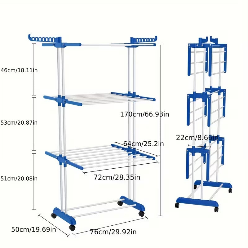 3-Layer Foldable Clothes Drying Rack | Adjustable Stainless Steel Laundry Stand with Side Wings & Wheels
