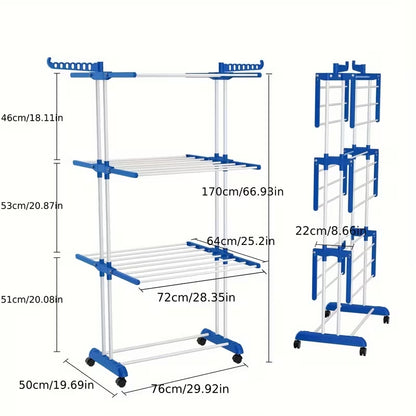 3-Layer Foldable Clothes Drying Rack | Adjustable Stainless Steel Laundry Stand with Side Wings & Wheels