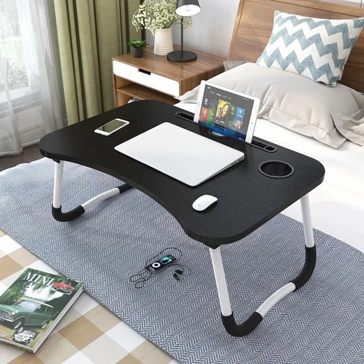 Foldable Wooden Laptop Table for Bed & Sofa | Portable Lap Desk with W-Shaped Legs, Cup & Mobile Holder